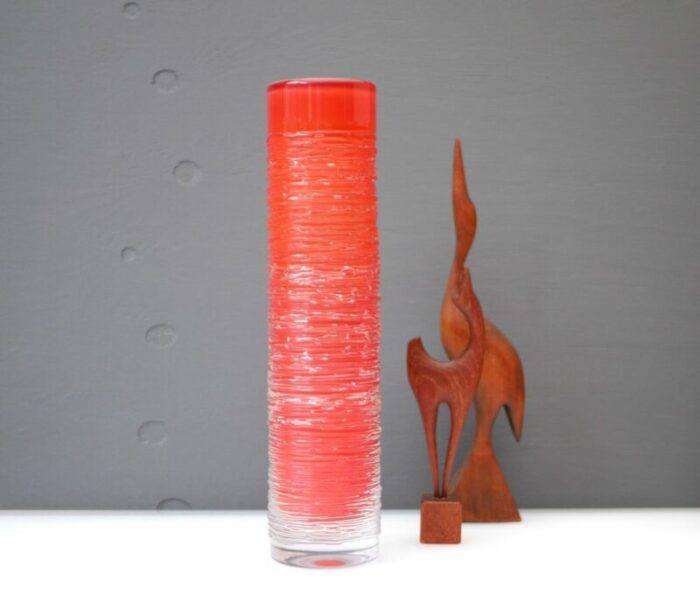 large mid century modern scandinavian glass art vase in bright red crystal glass by edenfalk skruf sweden 5