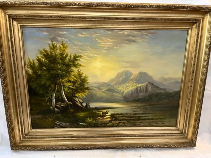 large oil on canvas painting of a western mountain landscape with a moose framed 0918