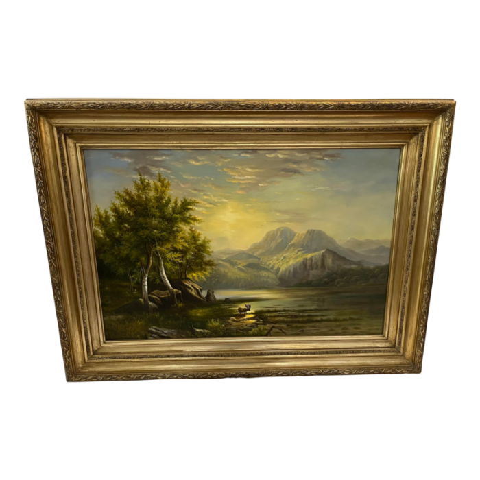 large oil on canvas painting of a western mountain landscape with a moose framed 1551