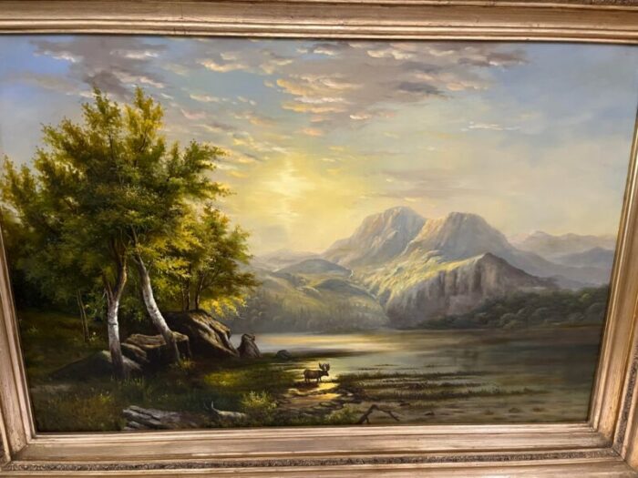 large oil on canvas painting of a western mountain landscape with a moose framed 9258