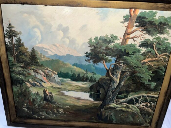 large vintage oil on masonite board mountains landscape painting by norwegian artist jens tvedt framed 9714