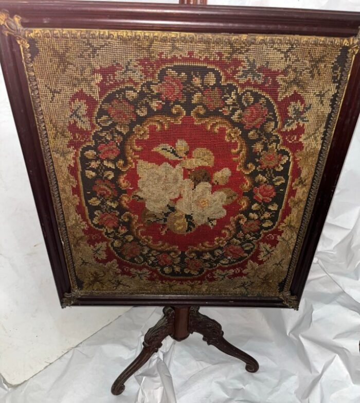 late 19th century victorian walnut fire screen with needlepoint front adjustable mechanism tripod base 6132