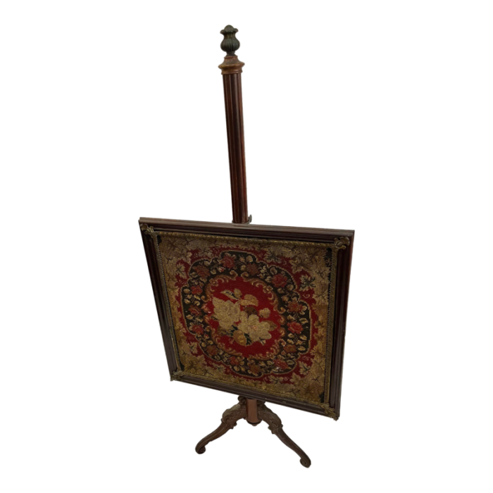 late 19th century victorian walnut fire screen with needlepoint front adjustable mechanism tripod base 8386