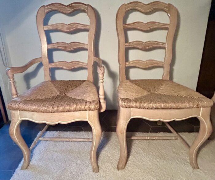 late 20th century country french provincial ladder back rush seat dining chairs set of four 1241