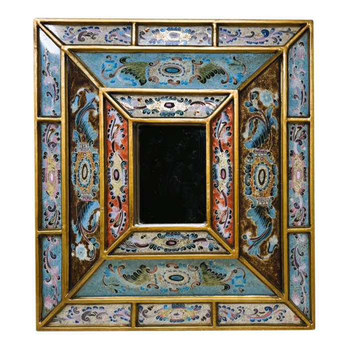 late 20th century handcrafted reverse painted and gilded multi layered statement accent mirror 8079