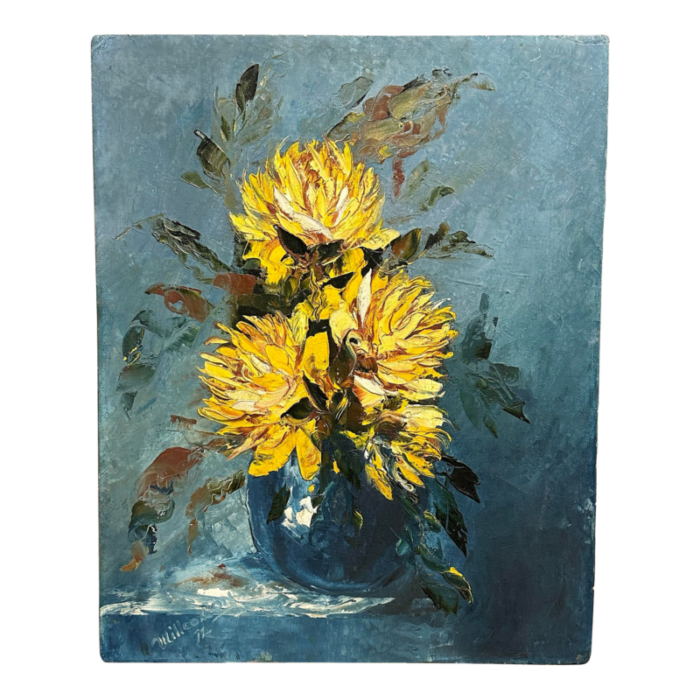 late 20th century impressionist floral still life impasto style painting in blue teal and goldenrod colors 5546