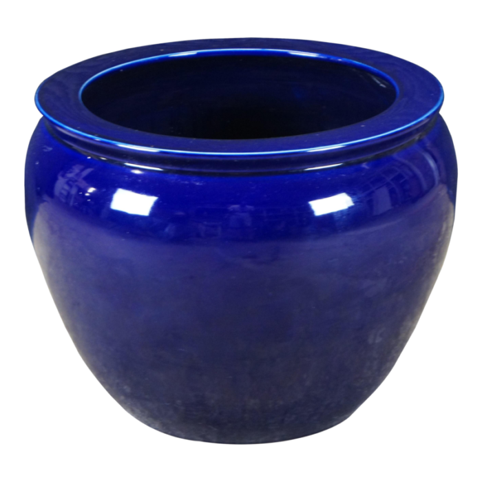 late 20th century large cobalt blue glazed ceramic pottery planter jardiniere pot cachepot 2270