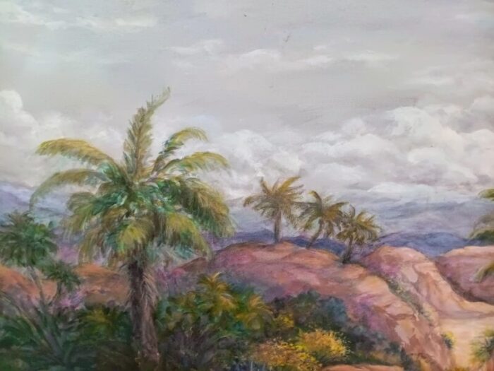 late 20th century oil on canvas palm tree landscape painting framed 3568