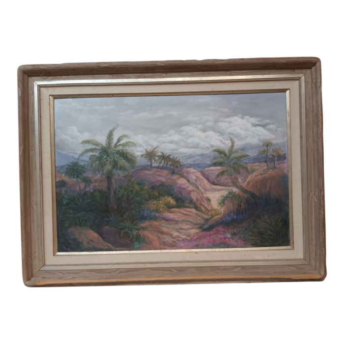 late 20th century oil on canvas palm tree landscape painting framed 4652