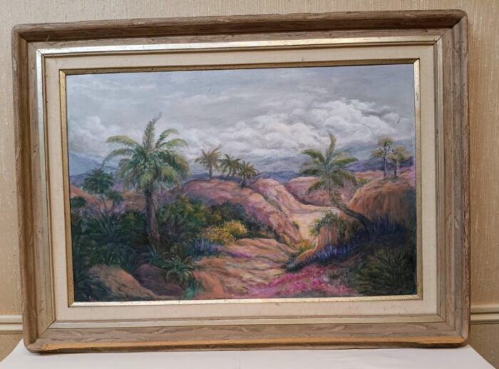 late 20th century oil on canvas palm tree landscape painting framed 7431