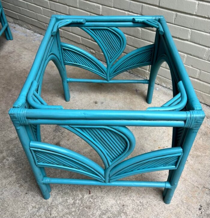 late 20th century palm beach regency newly painted vintage teal rattan and split reed glass top side tables a pair 1052