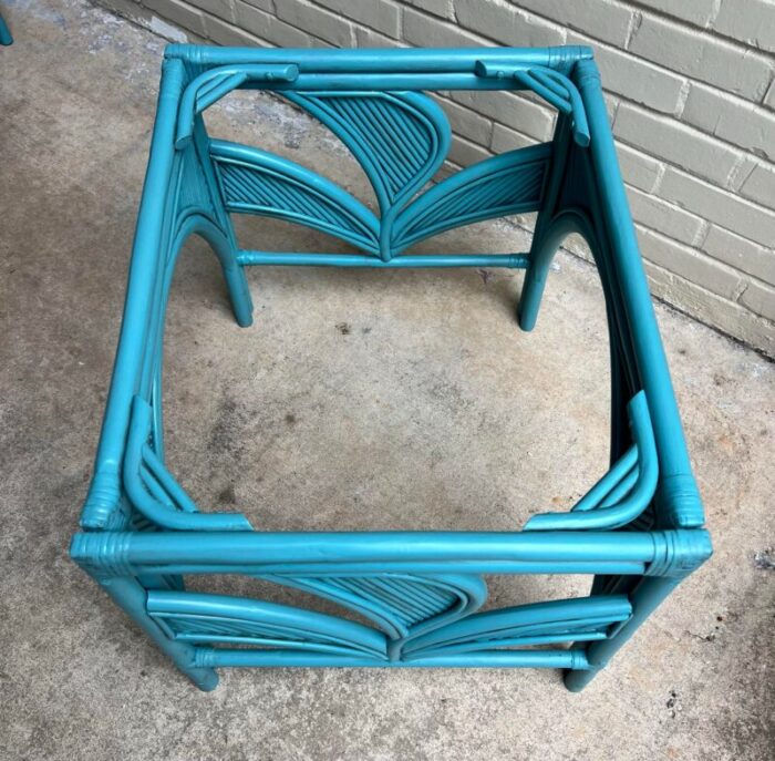 late 20th century palm beach regency newly painted vintage teal rattan and split reed glass top side tables a pair 1634