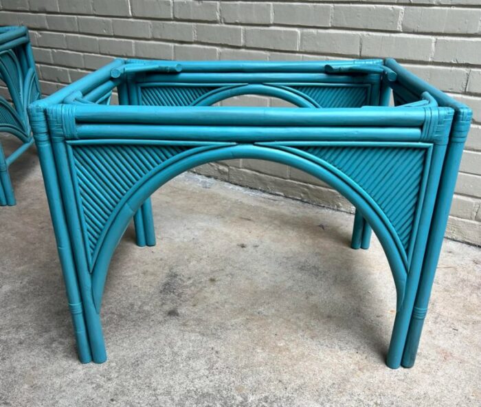 late 20th century palm beach regency newly painted vintage teal rattan and split reed glass top side tables a pair 1920