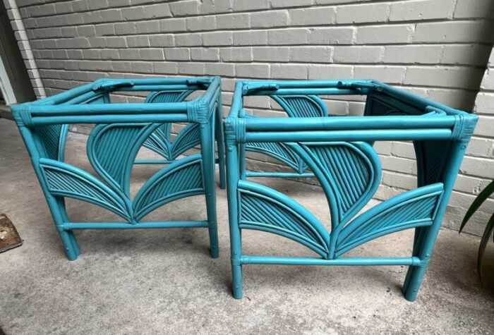 late 20th century palm beach regency newly painted vintage teal rattan and split reed glass top side tables a pair 2215