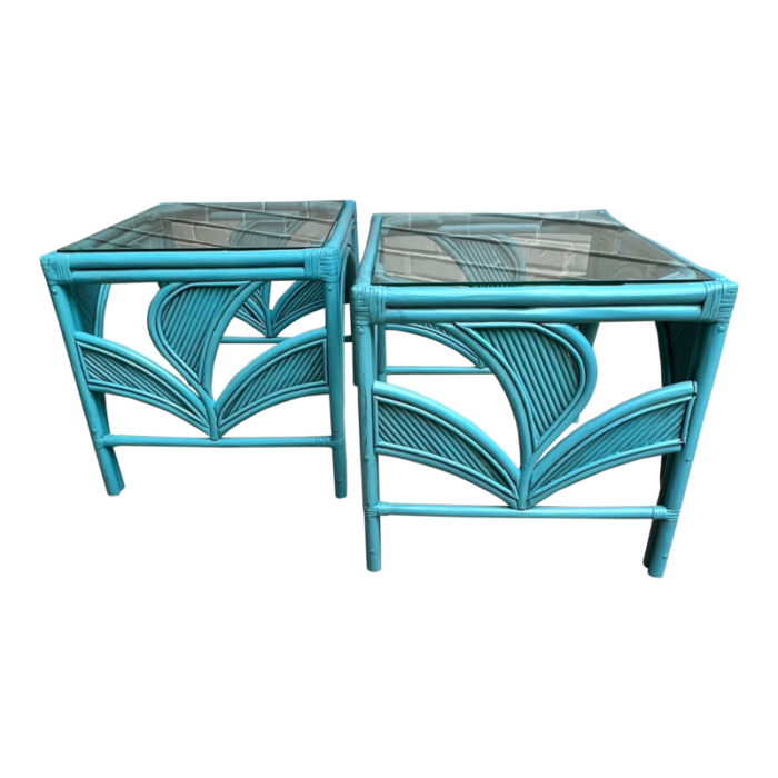 late 20th century palm beach regency newly painted vintage teal rattan and split reed glass top side tables a pair 3528