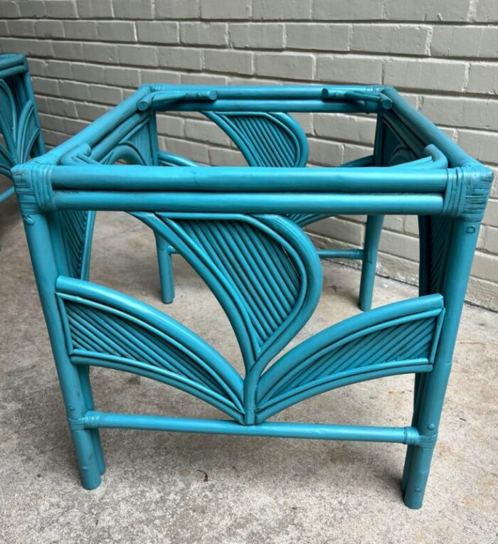 late 20th century palm beach regency newly painted vintage teal rattan and split reed glass top side tables a pair 4658