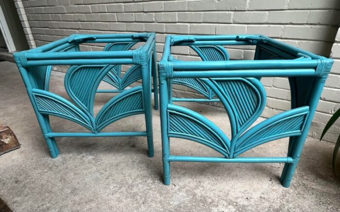 late 20th century palm beach regency newly painted vintage teal rattan and split reed glass top side tables a pair 7754