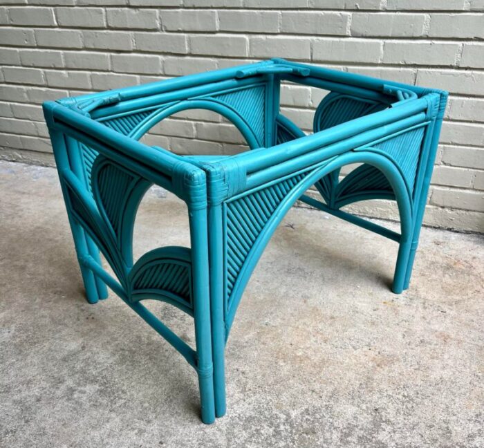 late 20th century palm beach regency newly painted vintage teal rattan and split reed glass top side tables a pair 8217