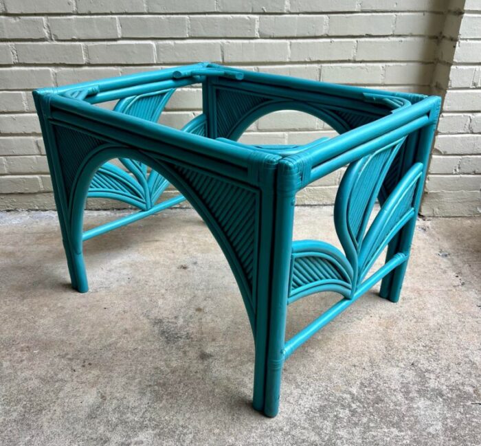 late 20th century palm beach regency newly painted vintage teal rattan and split reed glass top side tables a pair 9131