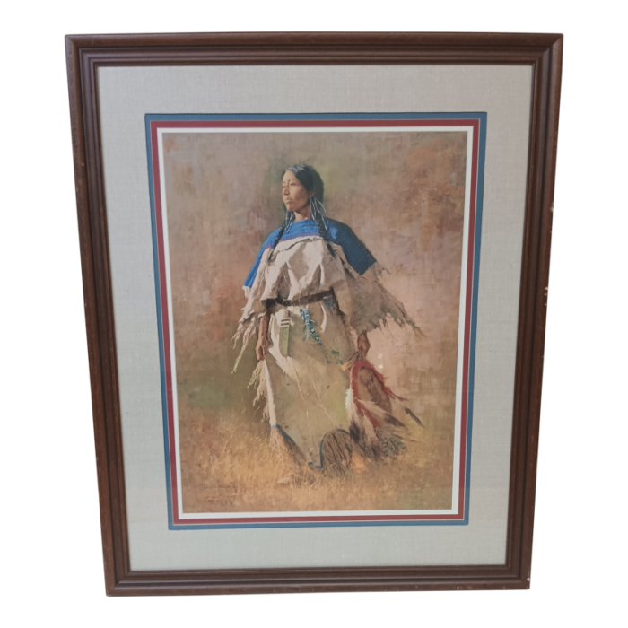 late 20th century shield of her husband paper giclee by howard terpning framed 3568