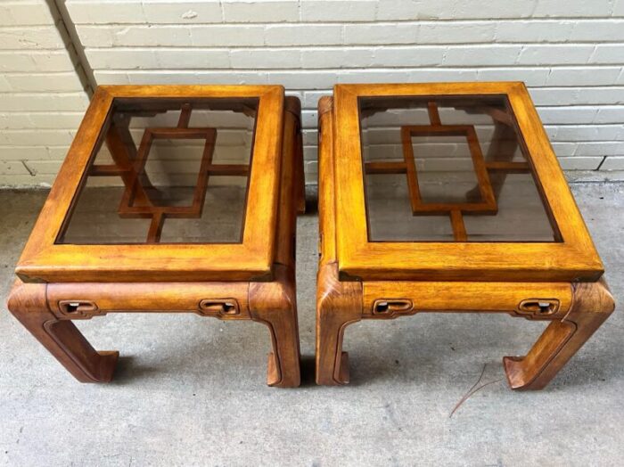 late 20th century vintage chinoiserie chow leg ming style side tables with smoke glass top attributed to schnadig international furniture set of 2 0388