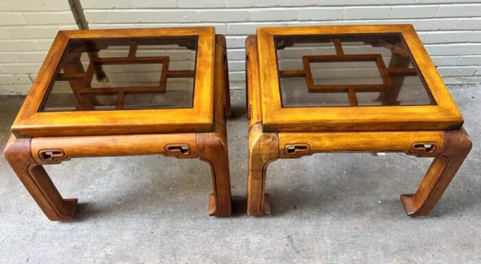 late 20th century vintage chinoiserie chow leg ming style side tables with smoke glass top attributed to schnadig international furniture set of 2 0730