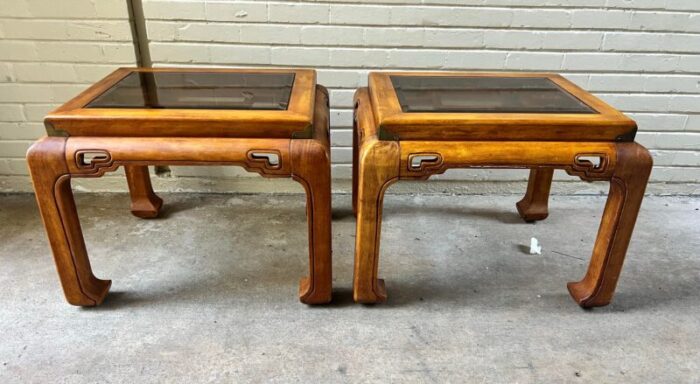 late 20th century vintage chinoiserie chow leg ming style side tables with smoke glass top attributed to schnadig international furniture set of 2 0817