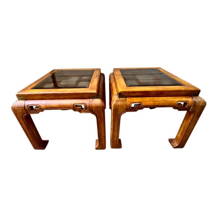 late 20th century vintage chinoiserie chow leg ming style side tables with smoke glass top attributed to schnadig international furniture set of 2 4374