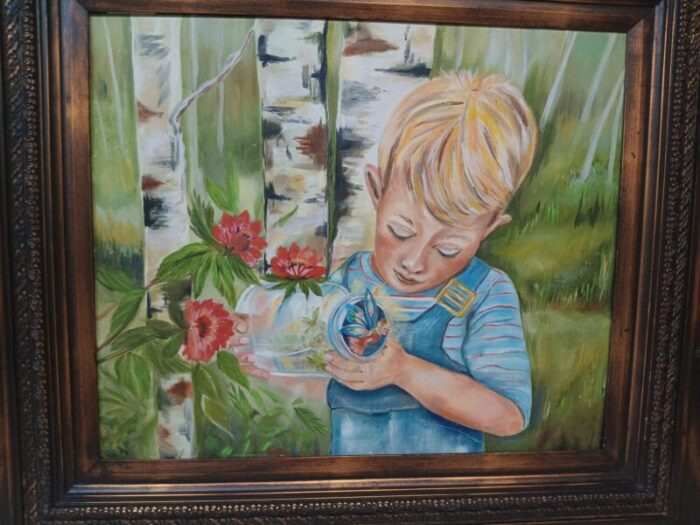 late 20th century vintage oil painting on canvas of boy with a fairy in a bottle framed 3251