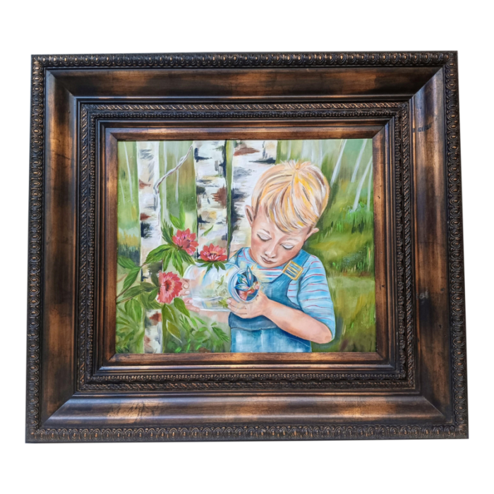 late 20th century vintage oil painting on canvas of boy with a fairy in a bottle framed 3797