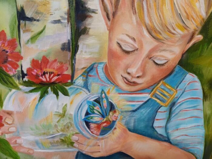 late 20th century vintage oil painting on canvas of boy with a fairy in a bottle framed 8083