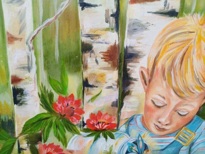 late 20th century vintage oil painting on canvas of boy with a fairy in a bottle framed 8184