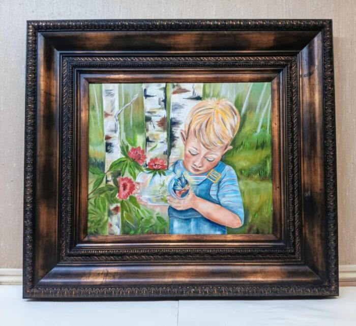 late 20th century vintage oil painting on canvas of boy with a fairy in a bottle framed 9552