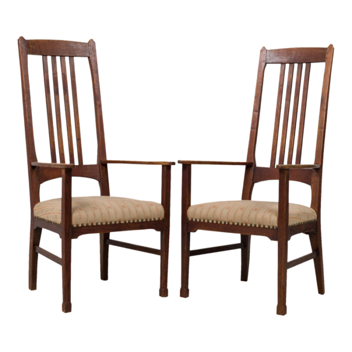 liberty of london english arts and crafts high slat back beige upholstered side chairs a pair 3116