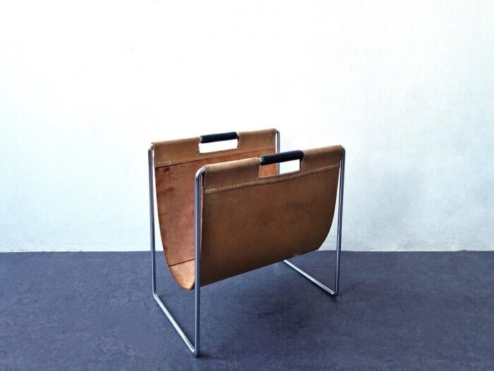 light brown leather magazine holder from brabantia the netherlands 1960s 1