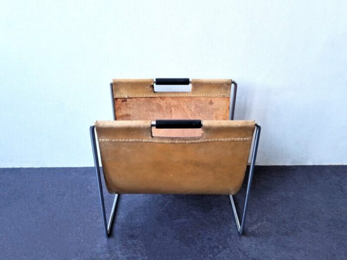 light brown leather magazine holder from brabantia the netherlands 1960s 4