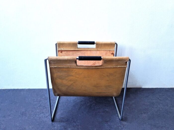 light brown leather magazine holder from brabantia the netherlands 1960s 5