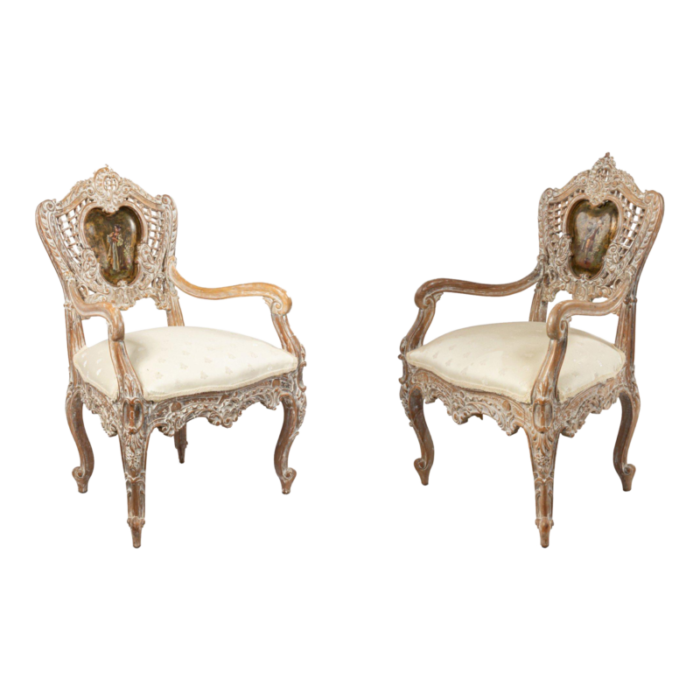 louis xv bleached lattice back painted panel armchairs a pair 5351