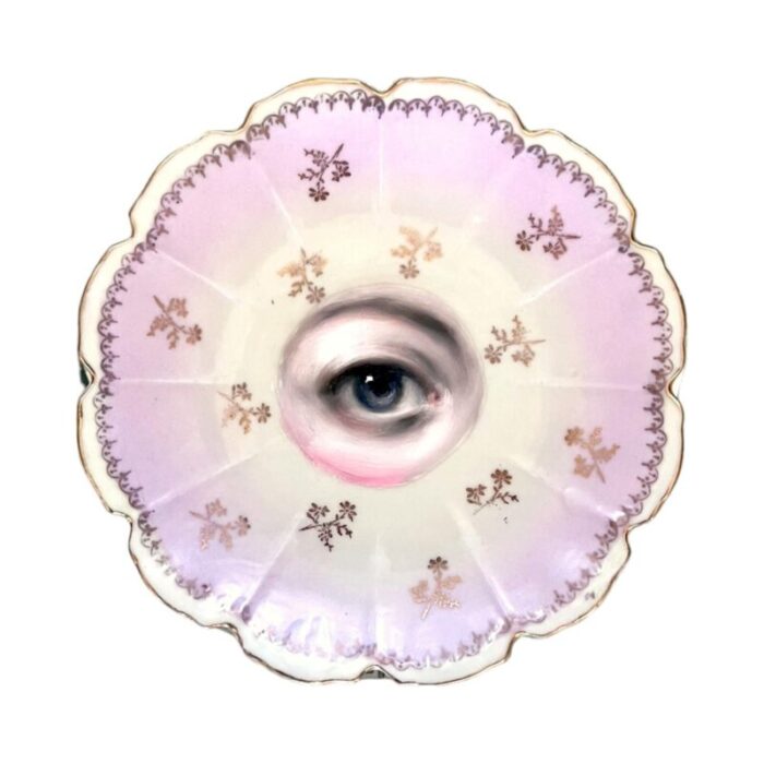 lovers eye painting on a pink and gold flower sprig plate by susannah carson 0432