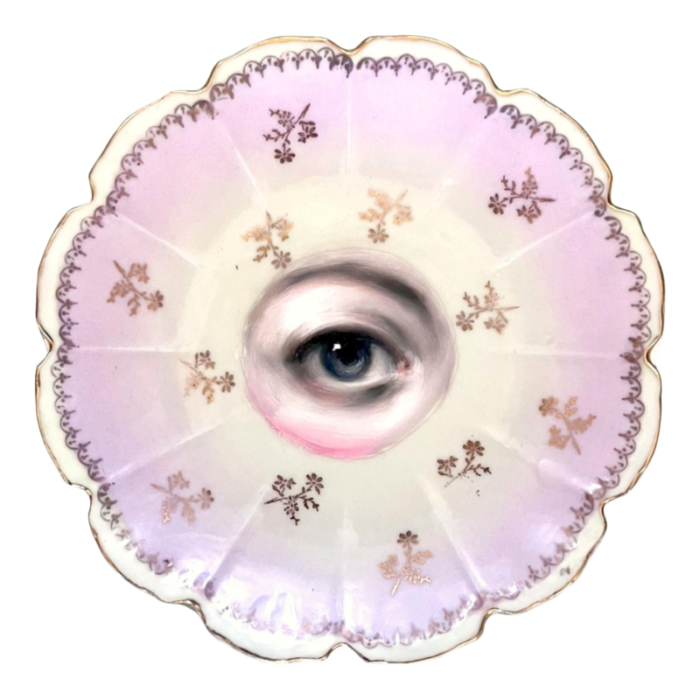 lovers eye painting on a pink and gold flower sprig plate by susannah carson 4148