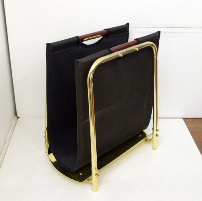 magazine rack in gilt metal textile and wood 1980s 1