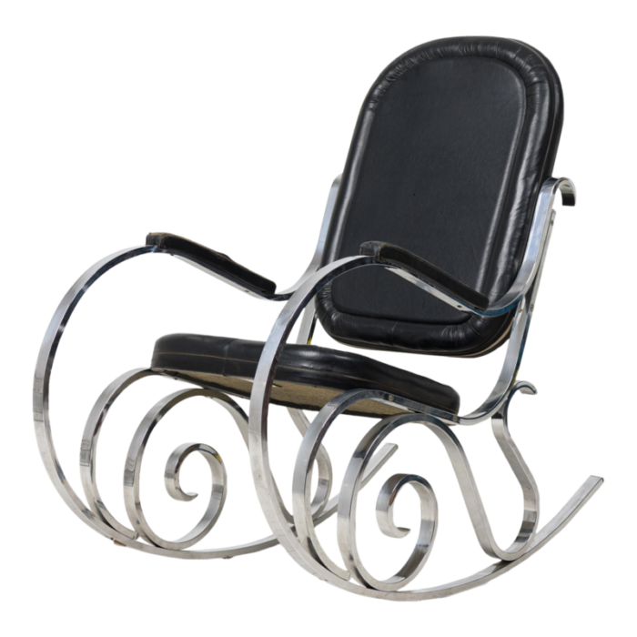 maison jansen mid century french polished nickel and black leather rocking armchair 1093