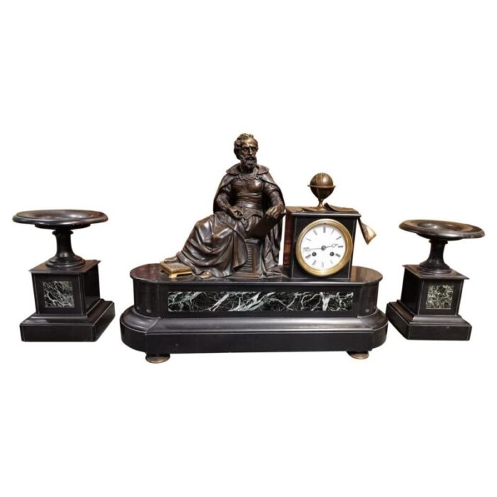 marble and bronze clock with allegory of astronomy representing copernico set of 3 1