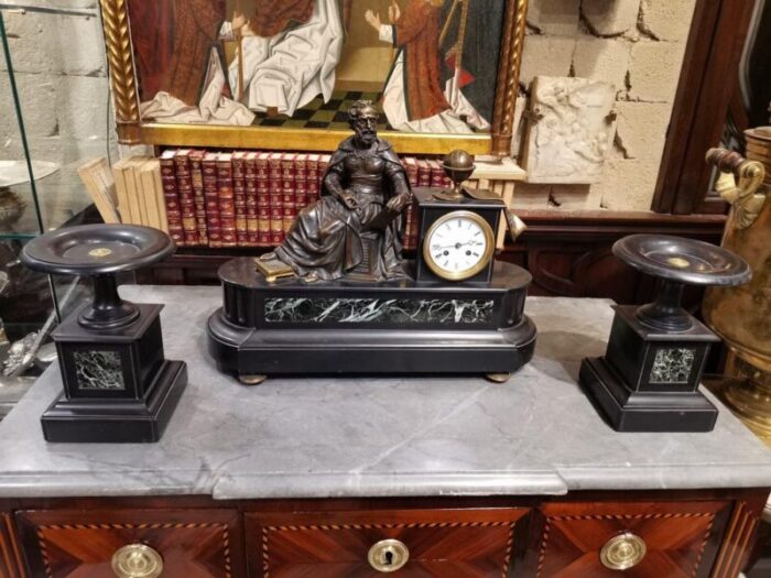 marble and bronze clock with allegory of astronomy representing copernico set of 3 9