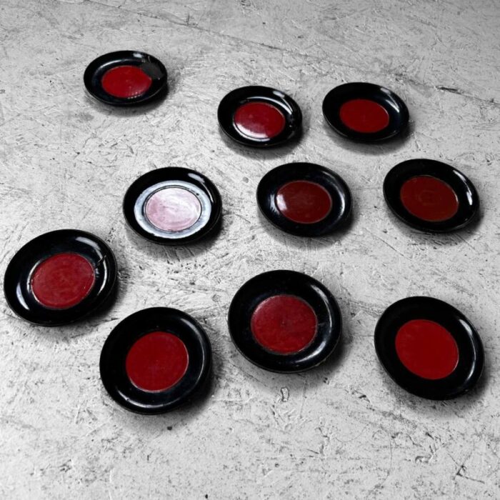 meiji era black and red lacquered wooden dishes japan 1880s set of 10 11