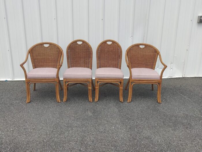 mid 20th century boho chic bamboo rattan and wicker arm chairs set of 2 0773