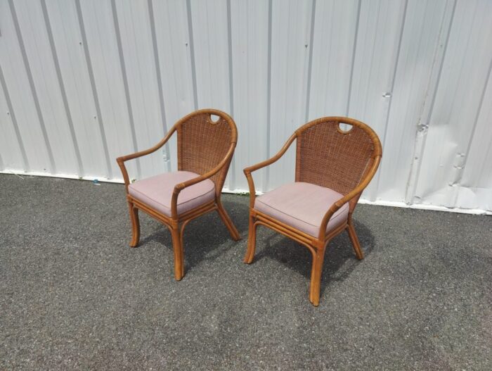 mid 20th century boho chic bamboo rattan and wicker arm chairs set of 2 4778