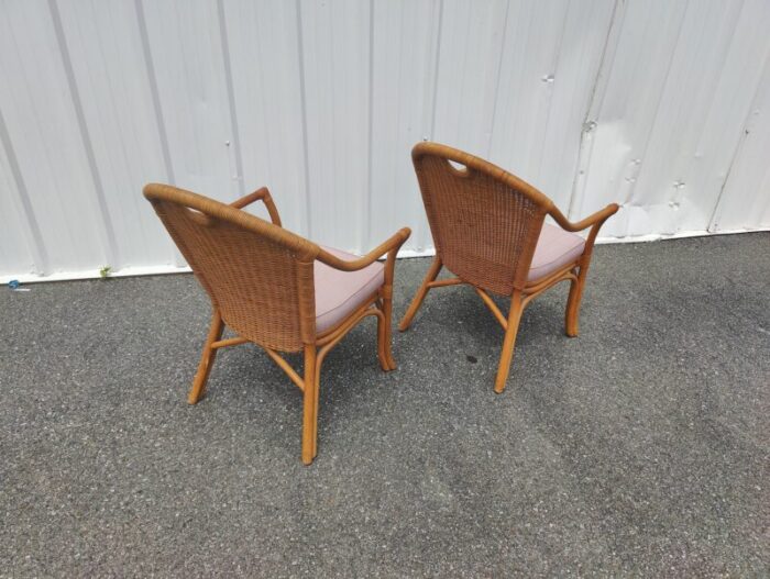 mid 20th century boho chic bamboo rattan and wicker arm chairs set of 2 4916