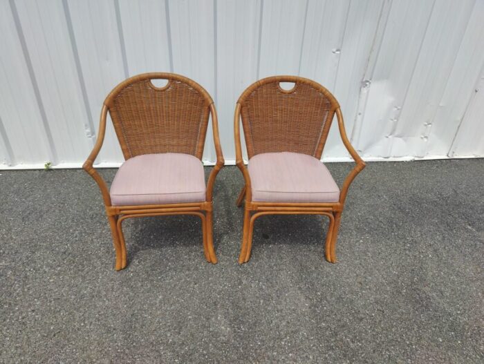 mid 20th century boho chic bamboo rattan and wicker arm chairs set of 2 9569