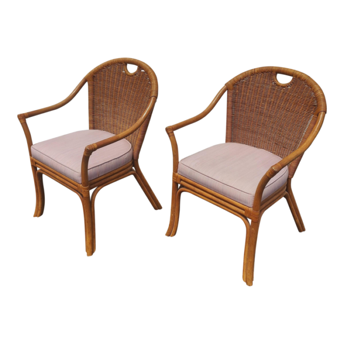 mid 20th century boho chic bamboo rattan and wicker arm chairs set of 2 9647